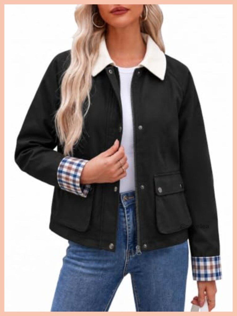 Lightweight Barn Utility Jacket Contrast Collar Zip Up Snap Pockets